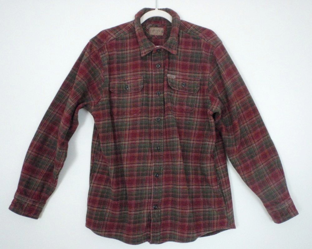 Orvis Long Sleeve Button Up Men's XL Red /Green /Tan Plaid Flannel Shirt Jacket
