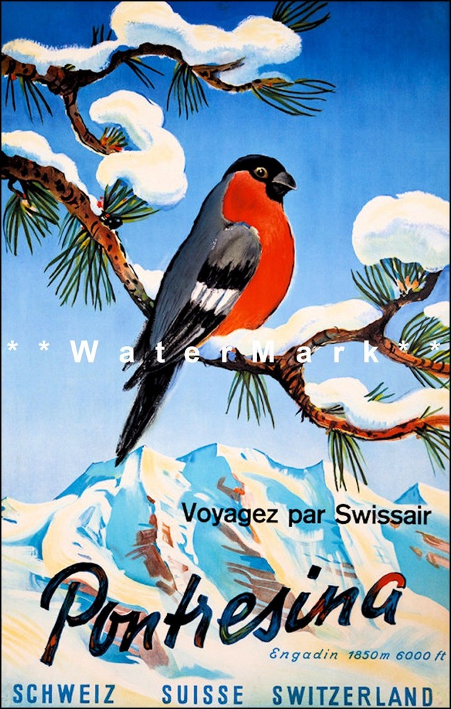 Switzerland Pontresina 1952 Retro Style Vintage Poster Print Winter Travel