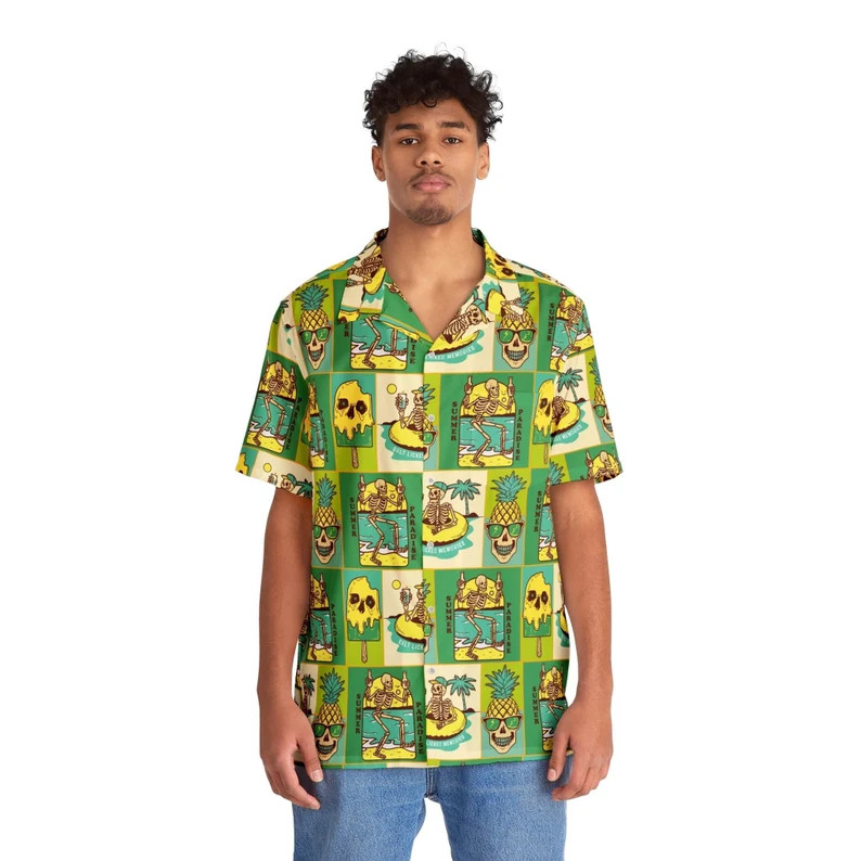 Skull Summer Mens Hawaii Shirt Beach Party Aloha Vacation Top Gift