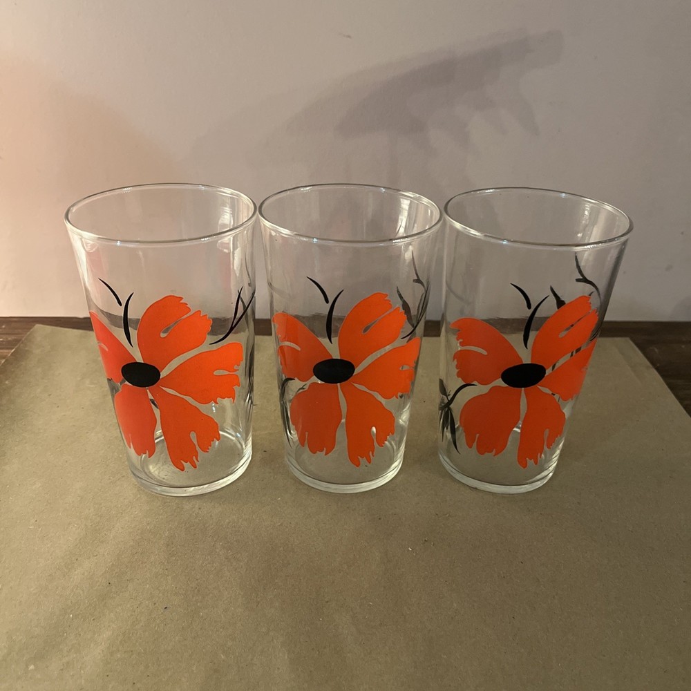 Federal Glass Libbey Tumblers RED POPPY FLOWERS - Set/3 - 4.75” T   X  2.75” D