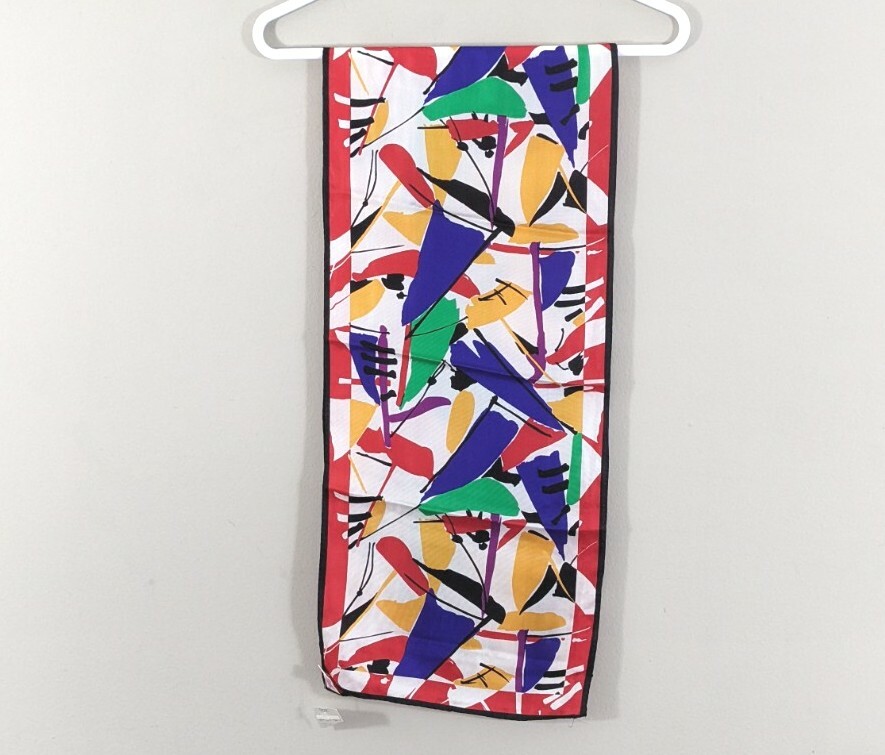 Abstract Art Print Vintage Silk Scarf ACUTE brand red white multi color 11x52-image