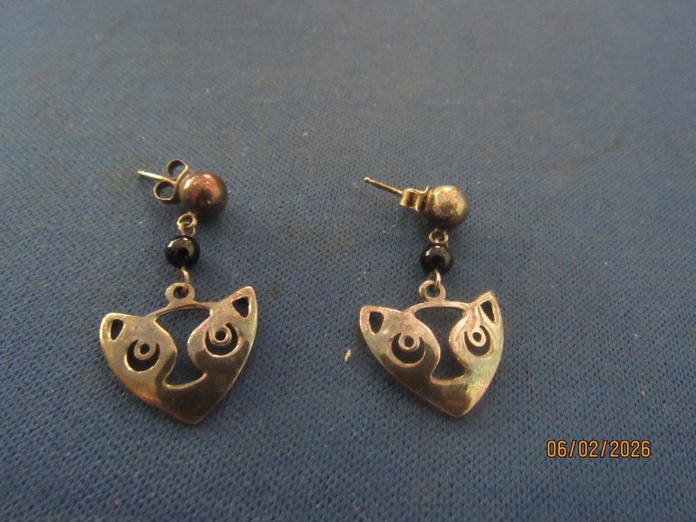 Vintage Sterling Marked Abe Critter Cat Black Pearl Pierced Post Earrings