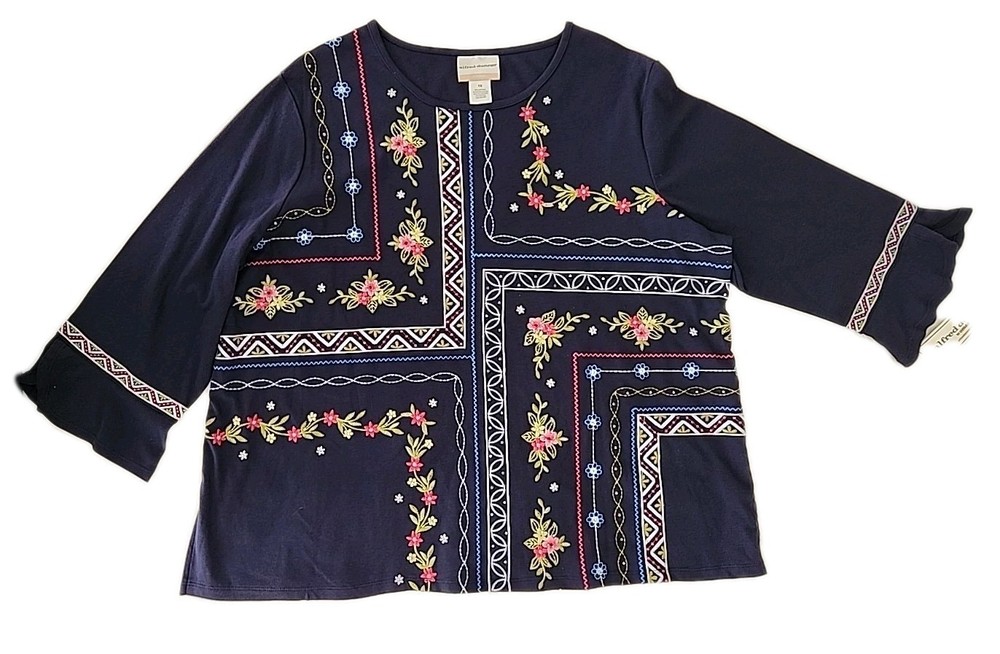 Alfred Dunner Women's 1X Flower Embroidery Quad Top Blue Flutter Sleeve Stunning