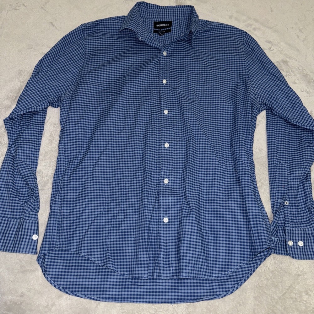 Bonobos Slim Fit Shirt Men's Large Blue Check Button Up Long Sleeve Cotton