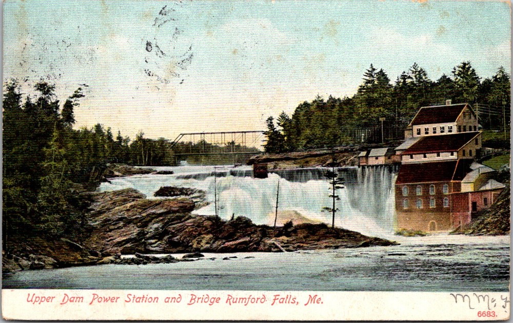 Upper Dam Power Station and Bridge, Rumford Falls ME UDB Vintage Postcard N18