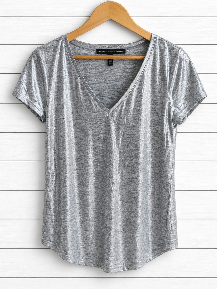 White House Black Market Metallic Silver V-Neck Jersey Tee Top Size M