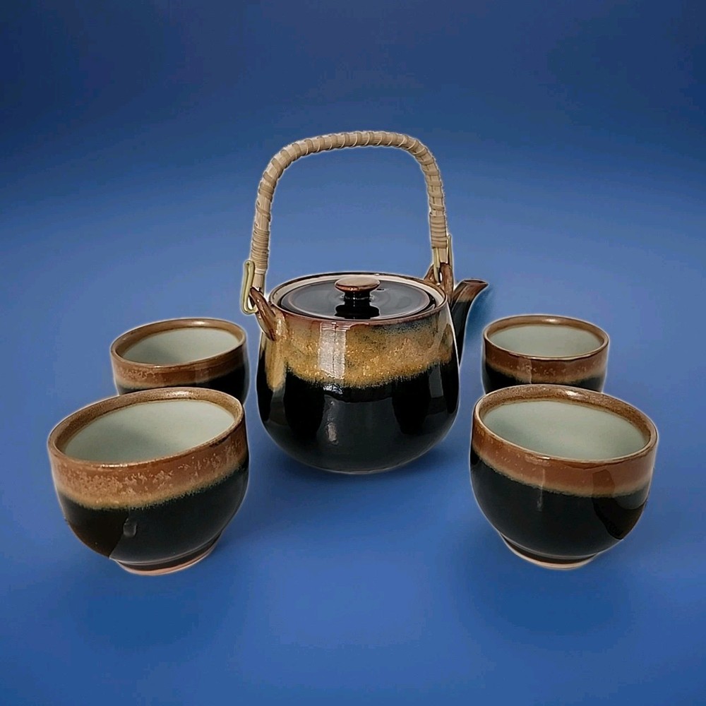 Japanese Satsuma Stoneware Tea Set with Rich Brown Glaze – Teapot & 4 Cups