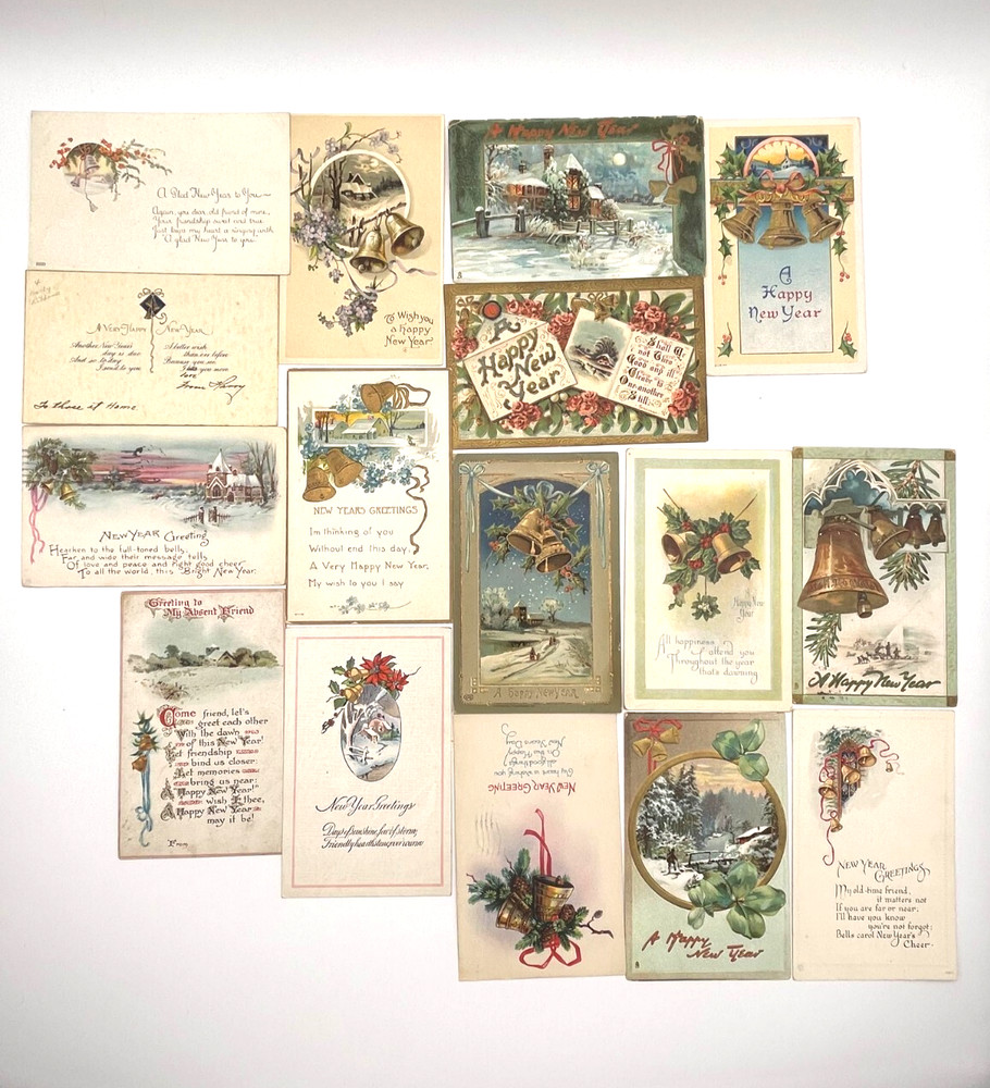 Lot of 16 Antique New Year Postcards – Early 1900s Embossed, Bells, Winter Scene
