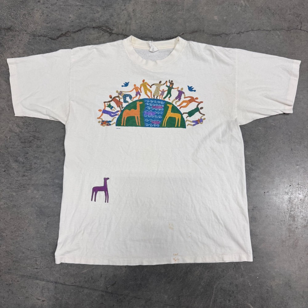 Vintage 90s Hallmark World Earth Diversity Peace Art T-Shirt Sz XL White RARE