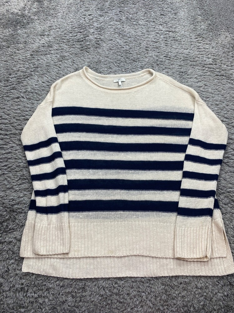 Joie Sweater Women Small Ivory Striped Linen Crochet Ribbed Crewneck Pullover