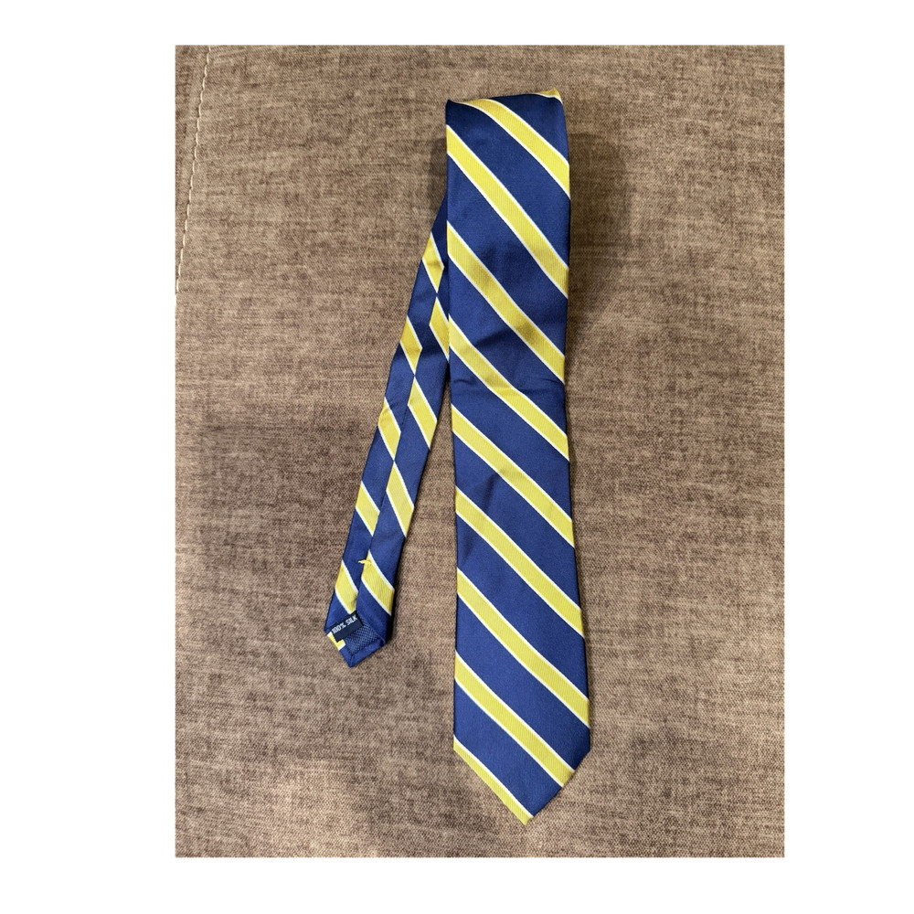 Nautica Men's Tie Blue Yellow White Striped Woven Logo Accent Pointed