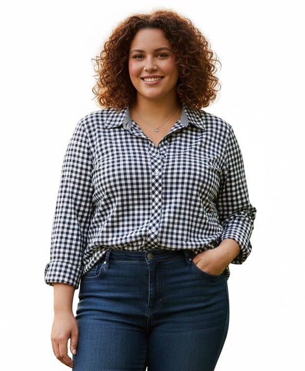 Talbots Women's Button Down Shirt 1X Black White Gingham 23x27 Long Sleeve