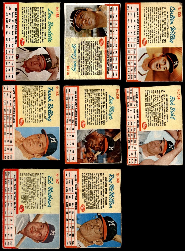 1962 Post Cereal Milwaukee Braves Near Team Set 2.5 - GD+ 7213191 (8 / 12 cards)