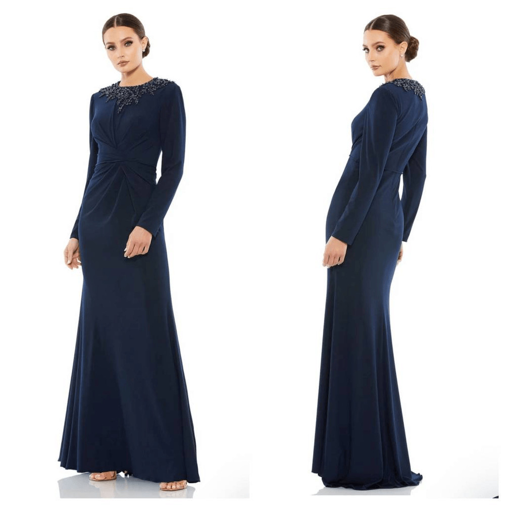 Mac Duggal 55713 Beaded Long Sleeve Gown Midnight Navy Size 2 NWT