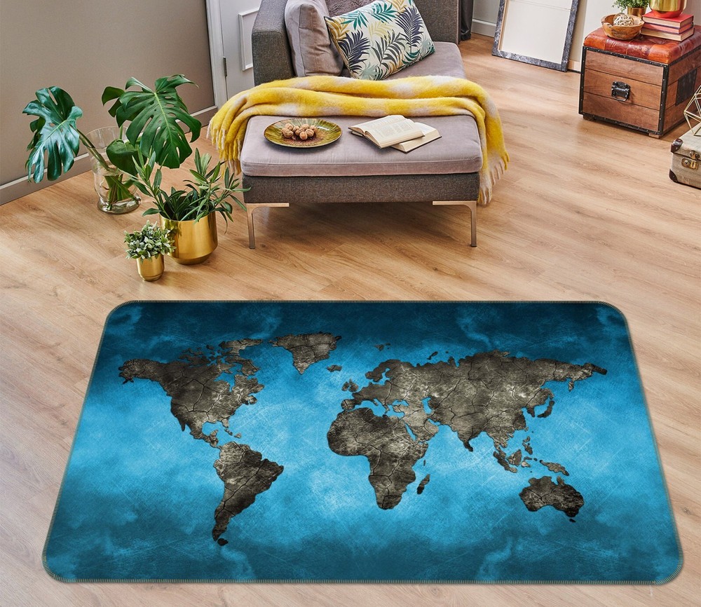 3D Dark Grey Stone Pattern Non-Slip World Map Rug Mat Elegant Photo Carpet