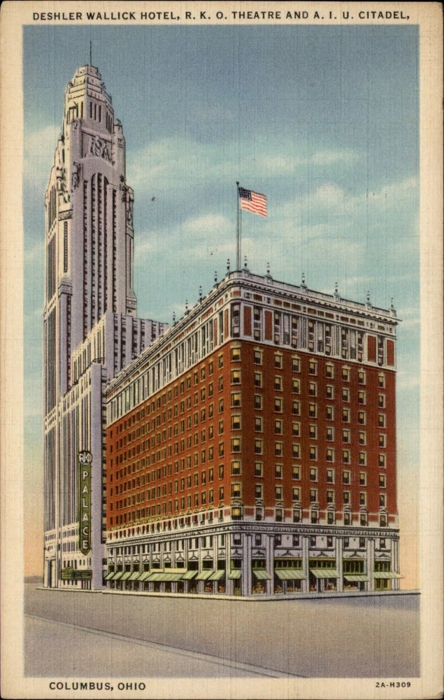 Columbus Ohio ~ Deshler Wallick Hotel ~ RKO Theatre ~ postcard mailed 1939