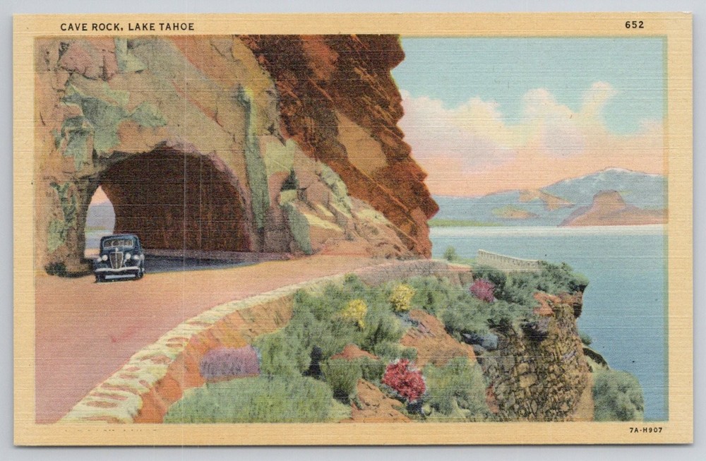 Vintage Linen Postcard CAVE ROCK LAKE TAHOE Nevada California Scenic Road Car
