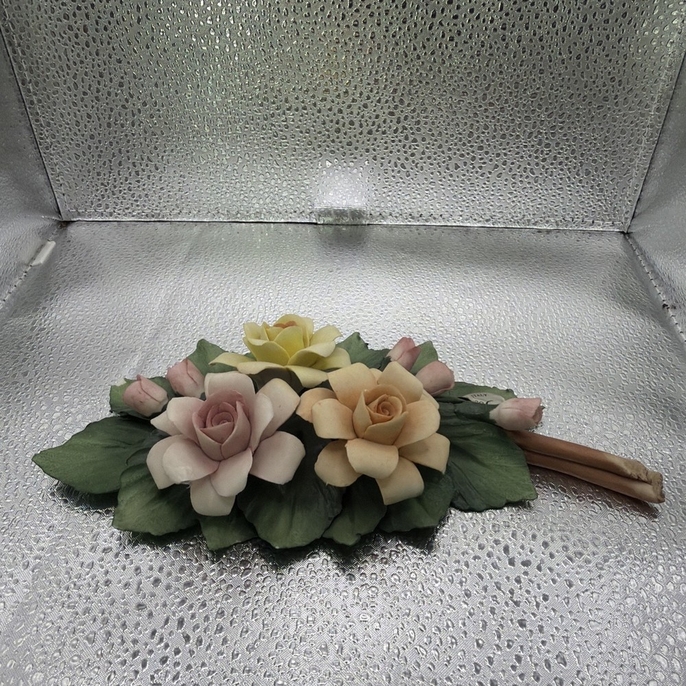 Capodimonte Italy Pink Yellow Peach Roses Ceramic Flowers Centerpiece Vintage