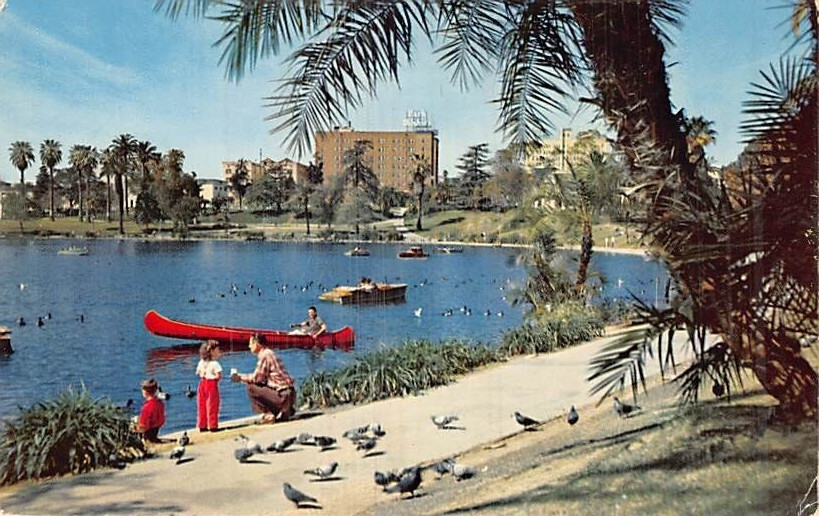 Postcard CA: MacArthur Park, Los Angeles, California, 1950's, Lake