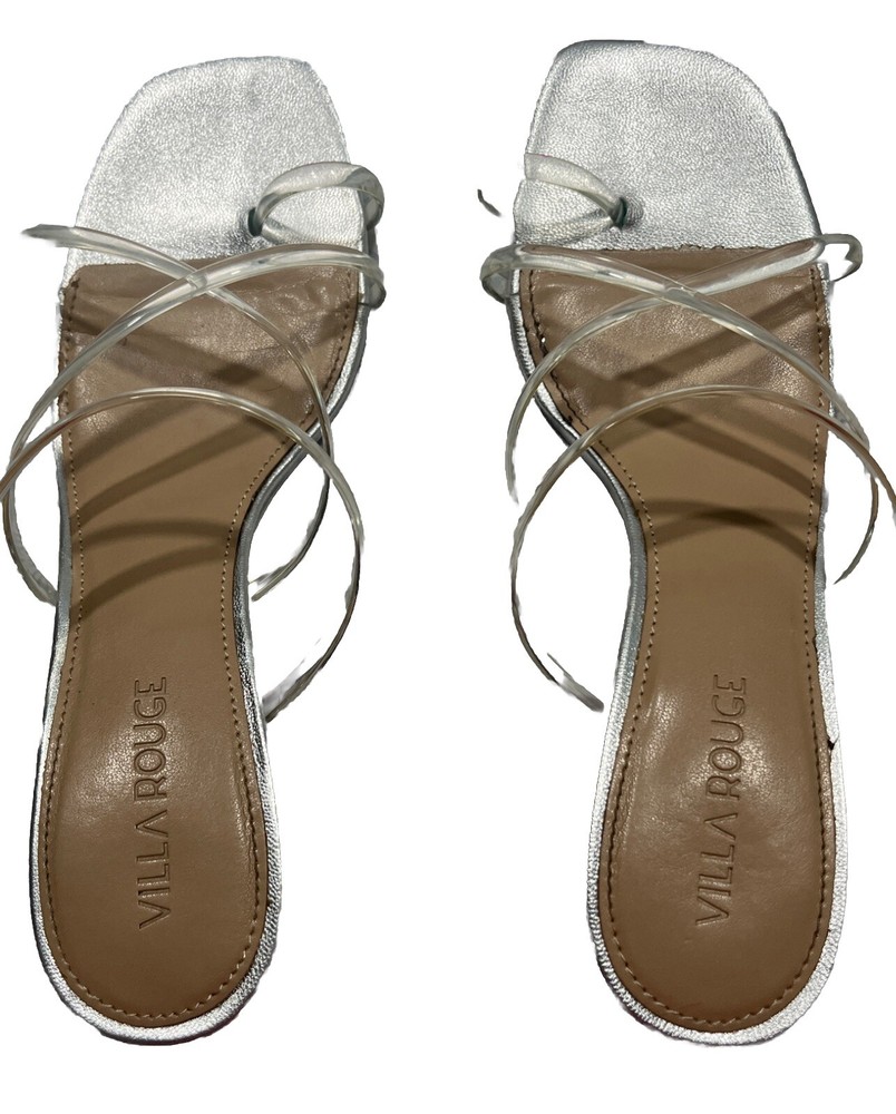 villa rouge Silver Kitten Heel Clear Strap Slip On Strappy Open Toe Heels Size 6