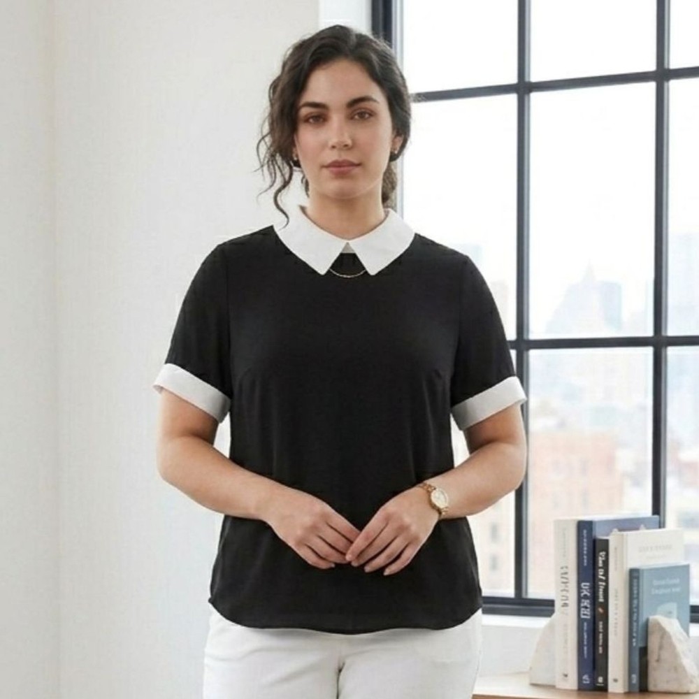 Zenana Black Top XL White Contrast Peter Pan Collar Short Sleeve Blouse Classic
