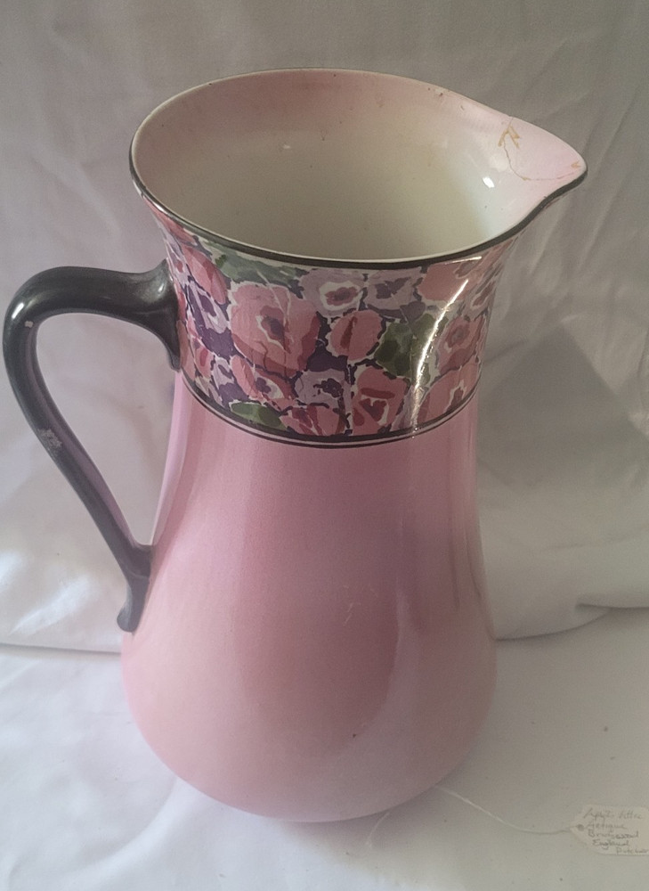 Grindley Pink Antique Bridewood Floral Ceramic Pitcher  Glossy Pottery, England