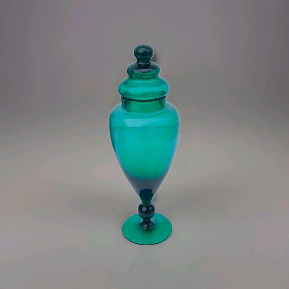 Vintage MCM Italian Empoli Green Art Glass Apothecary Jar On Pedestal With Lid