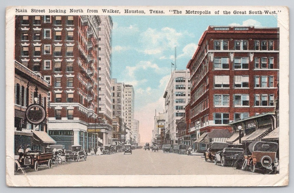 Houston TX Main Street North from Walker Vintage Postcard 1920s Texas City View