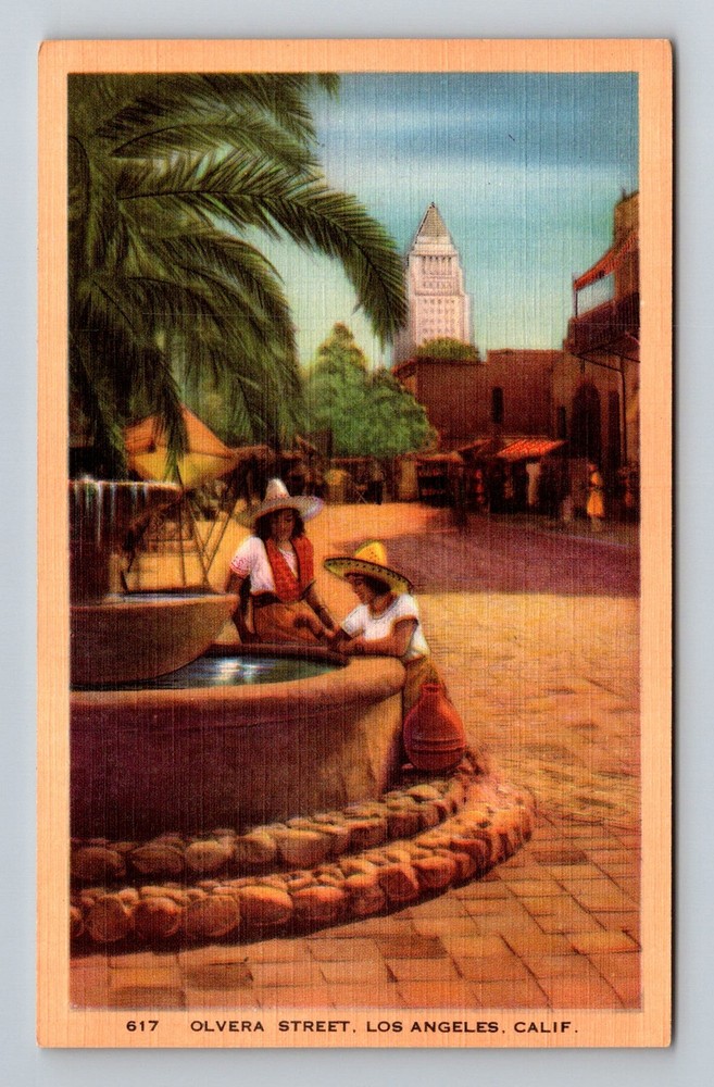 Los Angeles, CA-California, Olvera Street Plaza Fountain Shops Vintage Postcard