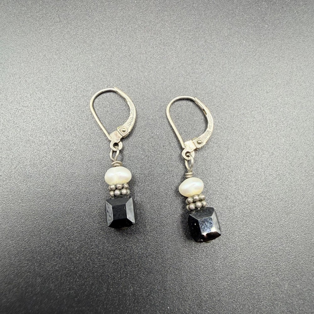 Vintage Sterling Silver Drop Dangle Earrings Modernist Pearl Pierced 925 Jewelry
