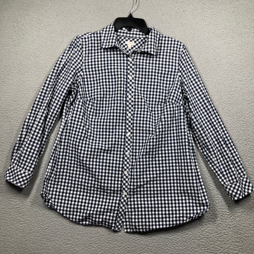 Talbots Button Up Shirt Womens X Navy Blue Gingham Cotton Long Sleeve Cottage