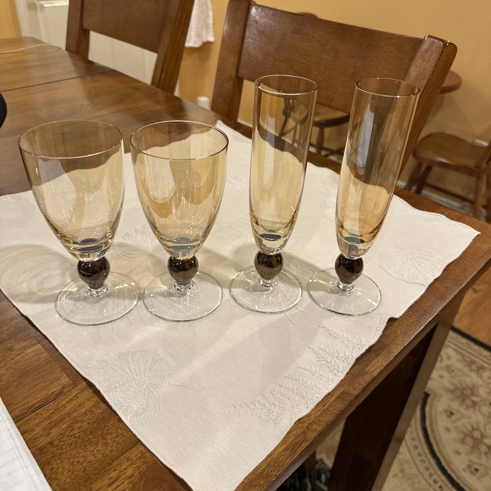 2 Champagne Flutes & 2 Goblets Hand Blown Glass Krosno Poland Style Amber Color
