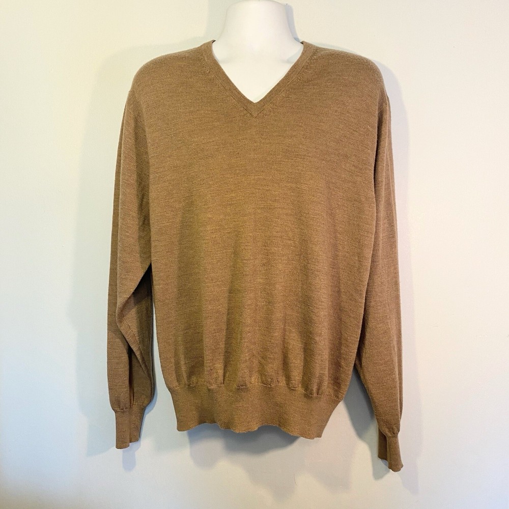Peter Millar Khaki Knit 100% Merino Wool V-Neck Sweater Men's Large