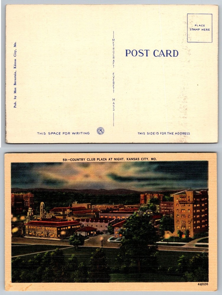 Country Club Plaza Night View Postcard Kansas City MO Metrocraft Vintage