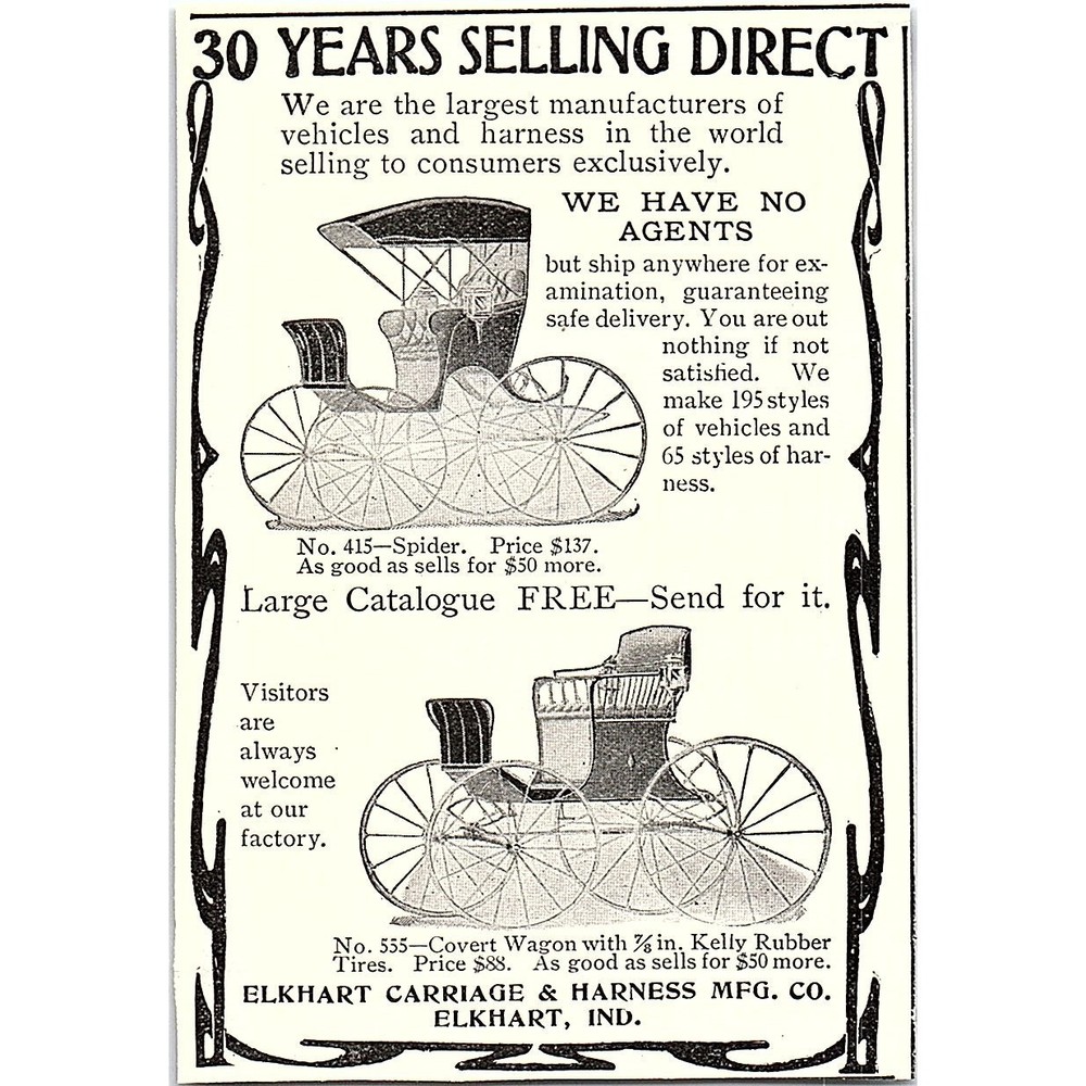 Elkhart Carriage & Harness Mfg Co No Agents Elkhart IN 1903 Magazine Ad SAG7-M4