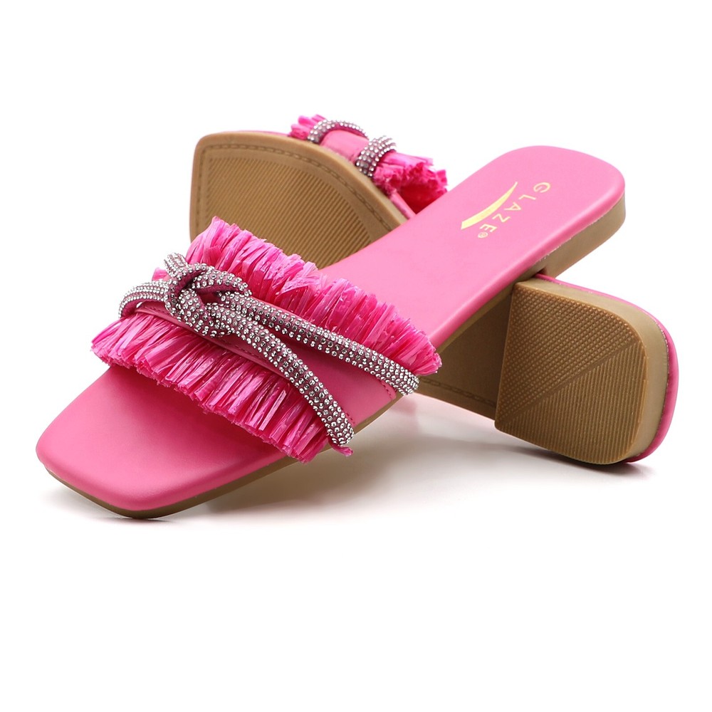 GLAZE Women's Fringe Rhinestone Crystal Strap Square Toe Slide Sandal