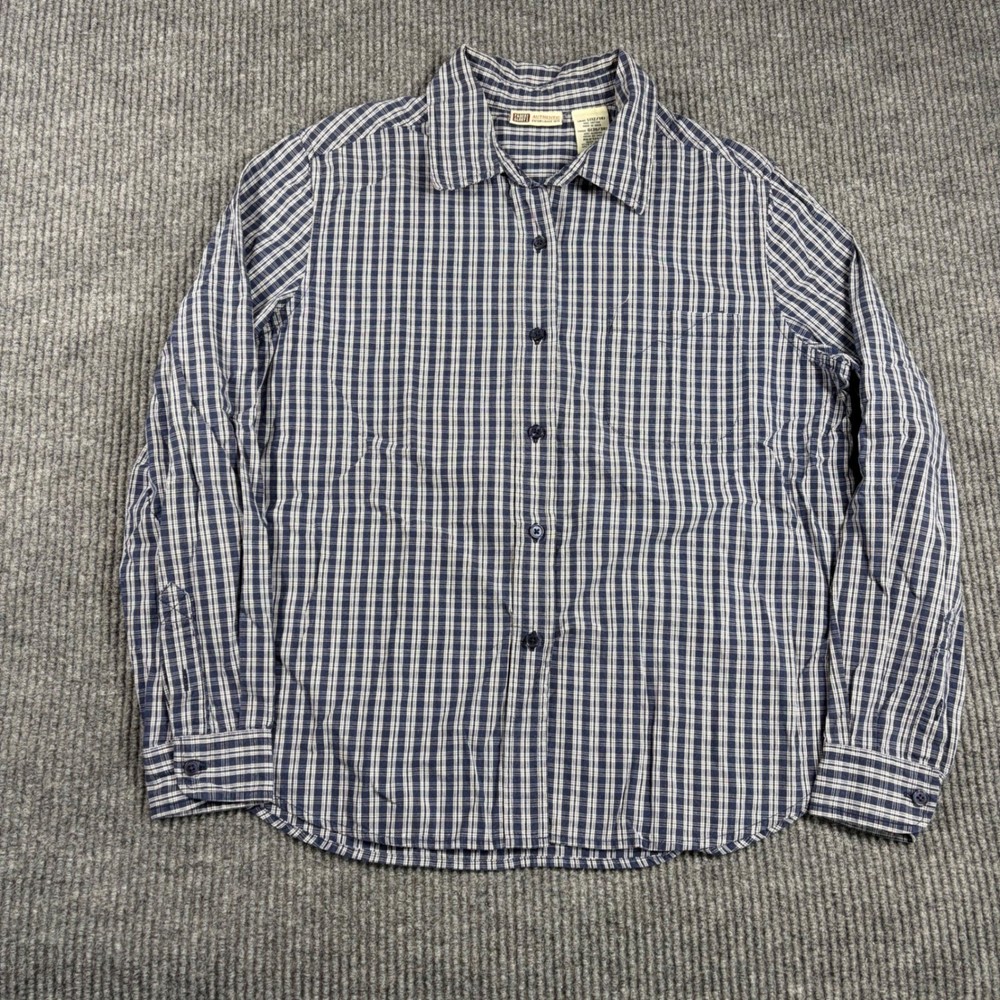Faded Glory Shirt Men's L Navy Blue White Plaid Long Sleeve Button Down Casual