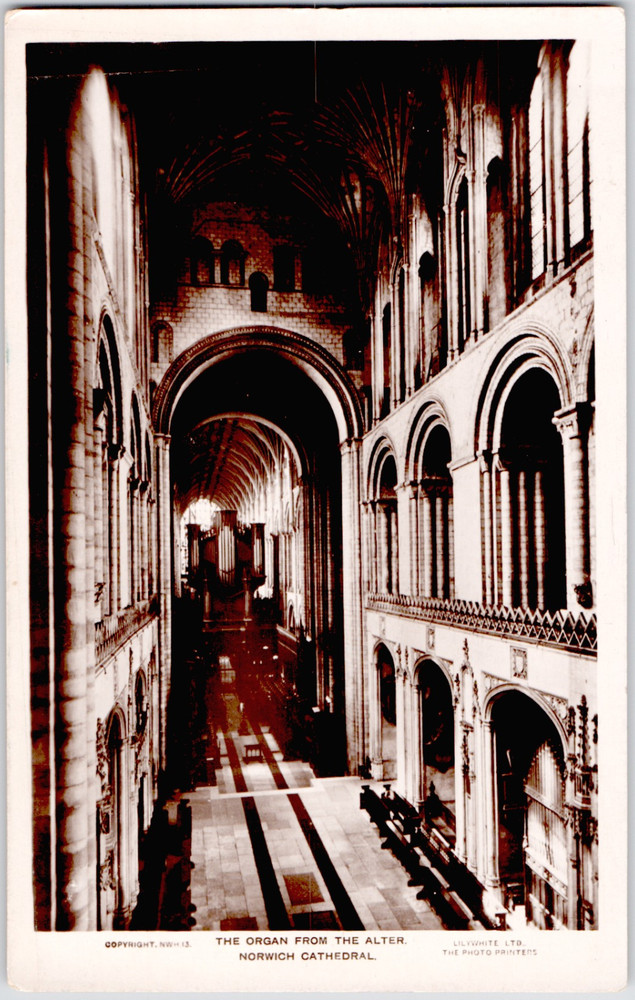 UK England Norfolk Norwich Cathedral High Altar Organ Vaulted Nave 1920 RPPC