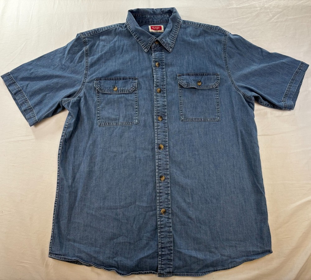 Wrangler Denim Shirt Mens Large Blue Short Sleeve Button Western Casual Cotton