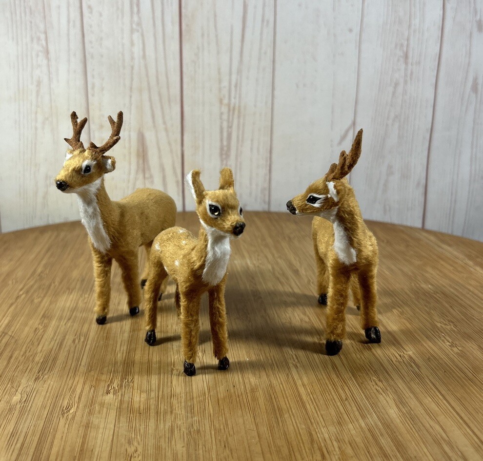 Set of 3 Faux Fur Reindeer Christmas Village Woodland Buck Doe Fawn Decor-image