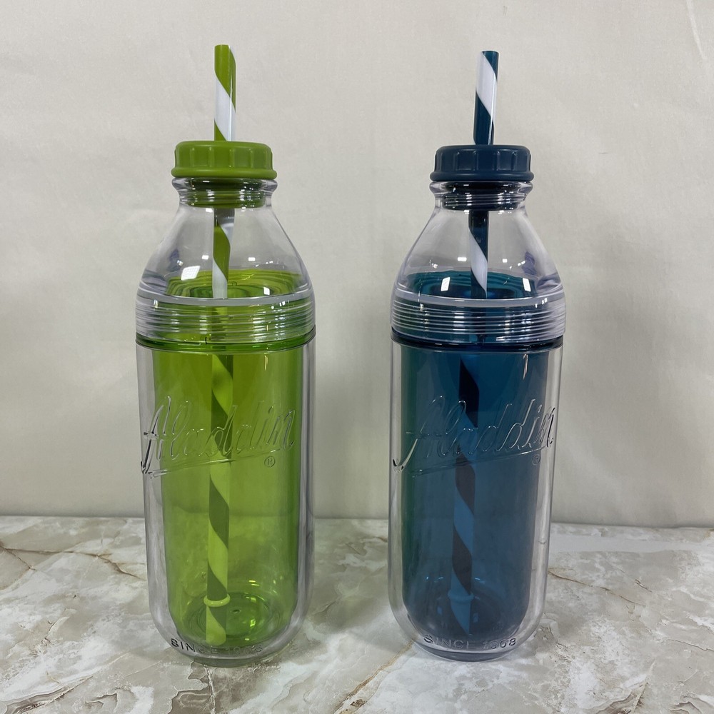 2-Pack Aladdin Insulated Milk Bottles Blue & Green 20oz with Striped Straws