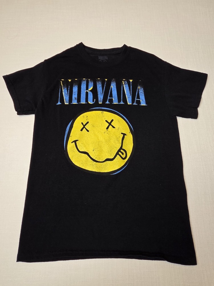 Nirvana Shirt Mens Small Black Rock Band Concert Smiley Face Graphic Unisex