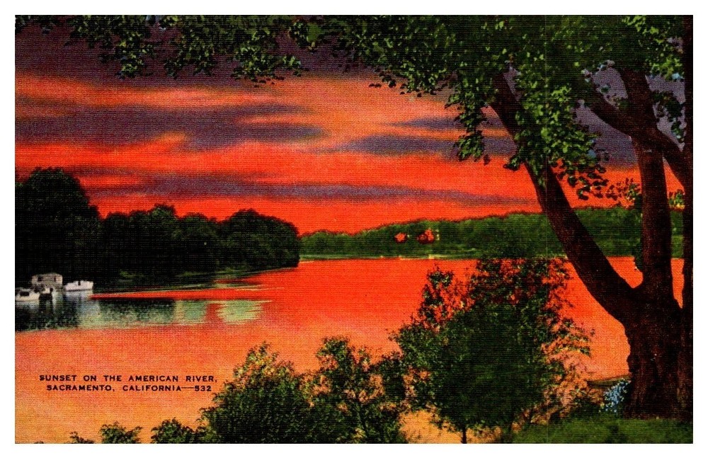 1940s Sunset On The American River Sacramento California Vintage Postcard