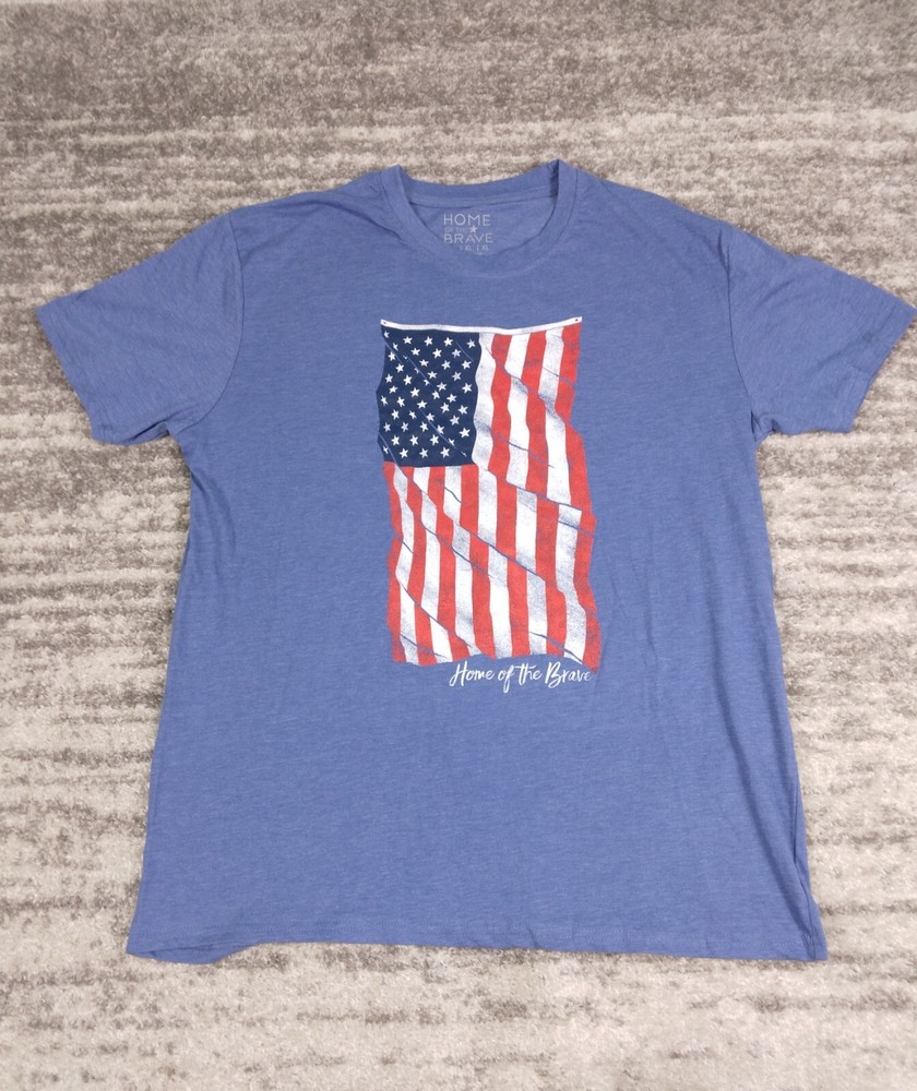 American Flag Shirt Men's  XL Blue Graphic Logo Home of the Brave USA Patriotic