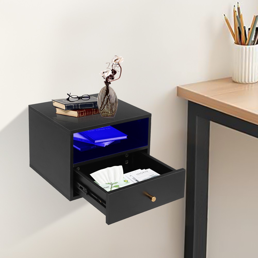 Wall-Mounted Floating Nightstand with Remote Control LED Lights and Slide-Out Drawers