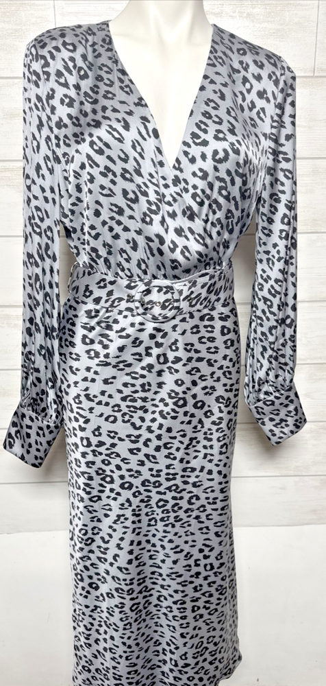 Bardot REVOLVE Women's Sandiego Midi Dress in Silver Leopard Size L 10 Belted