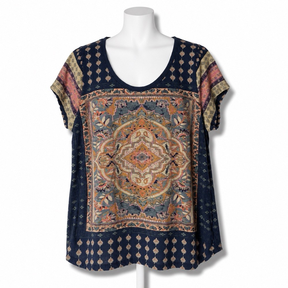 Lucky Brand Women’s Persian Carpet Tee 1X Top Lightweight Boho Casual