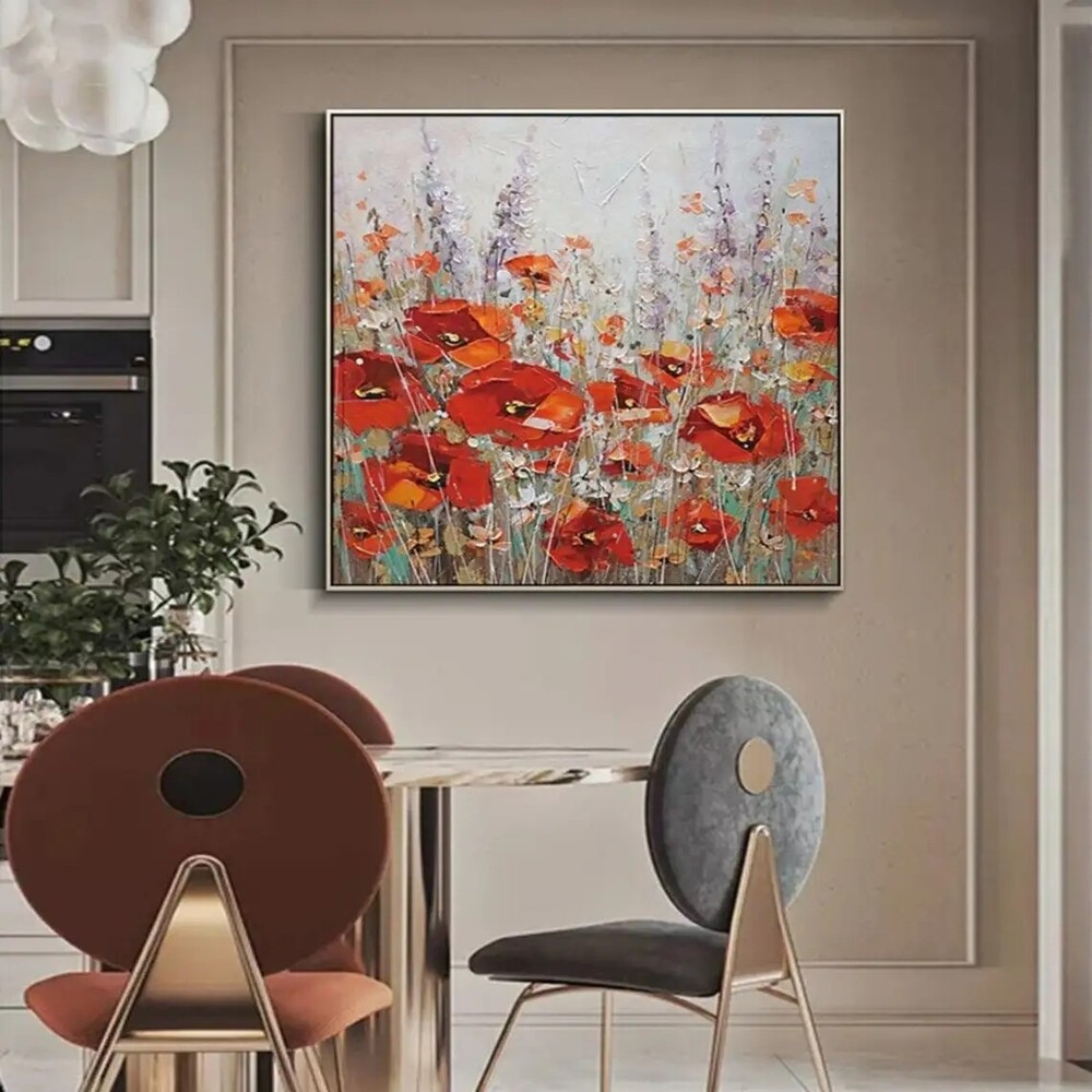 Red Flowers Painting Handmade On Canvas Landscape Oil Painting Thick Flowers