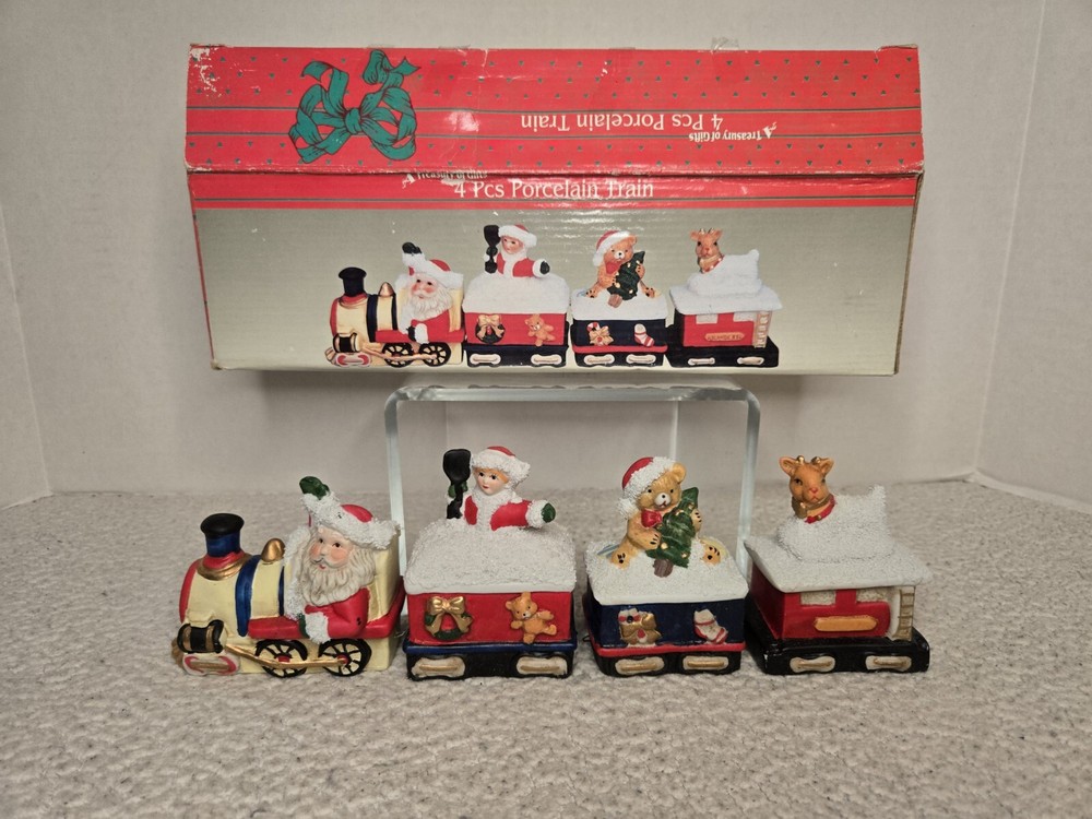 Vintage 1996 Artmark Christmas Porcelain Train Set with Santa Mrs Claus Rudolph in Original Box  