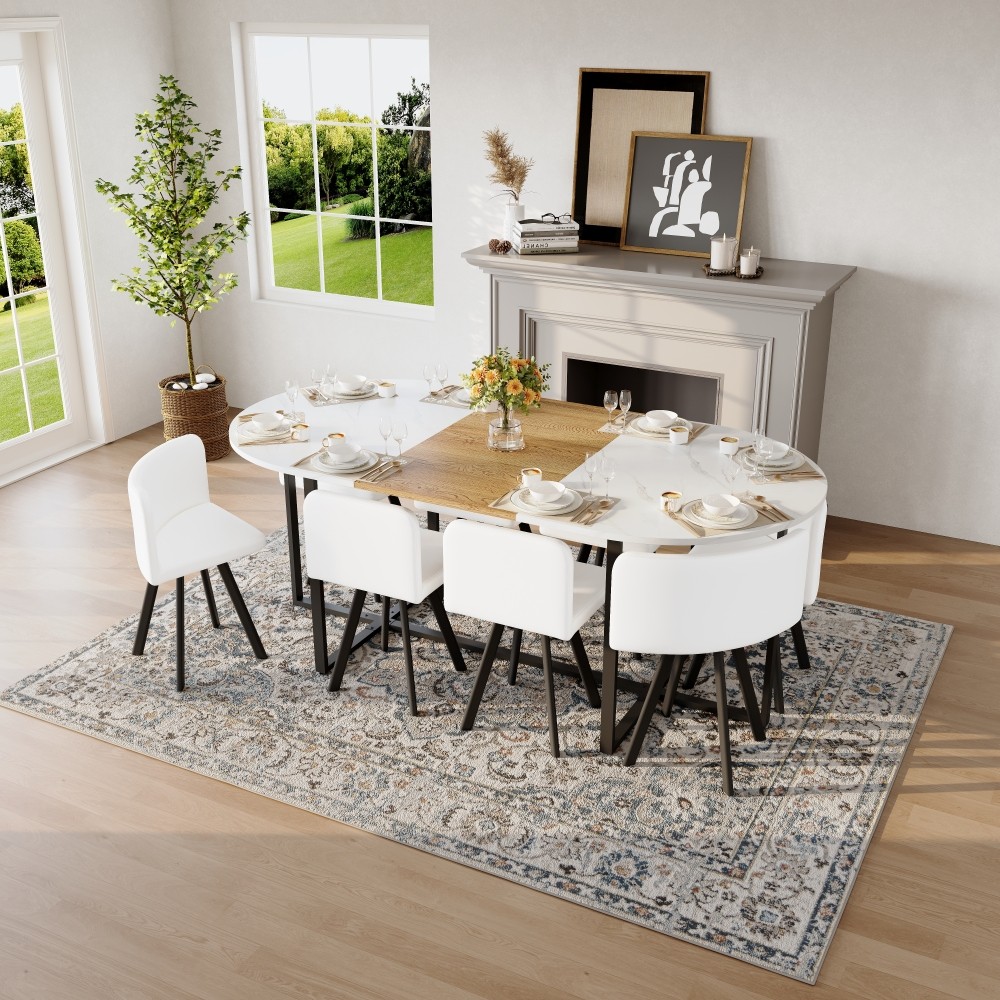 9-Piece Oval Dining Table Set with 8 White PU Leather Chairs